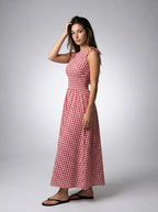 Fabienne Gingham Round Neck Sleeveless A Line Midi Dress in Red