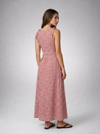 Fabienne Gingham Round Neck Sleeveless A Line Midi Dress in Red