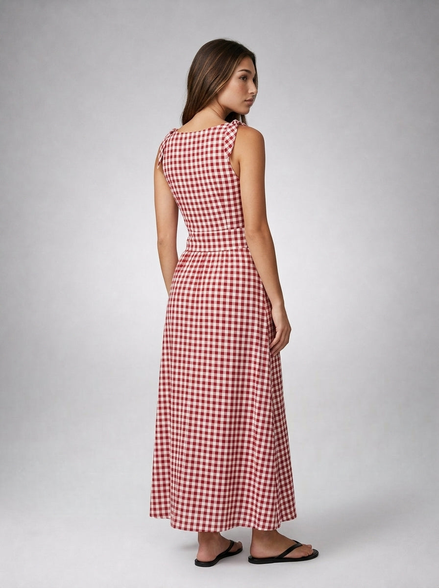 Fabienne Gingham Round Neck Sleeveless A Line Midi Dress in Red