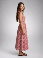 Fabienne Gingham Round Neck Sleeveless A Line Midi Dress in Red