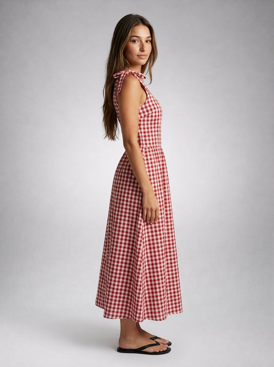 Fabienne Gingham Round Neck Sleeveless A Line Midi Dress in Red
