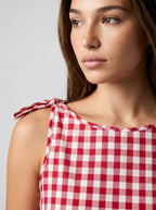 Fabienne Gingham Round Neck Sleeveless A Line Midi Dress in Red