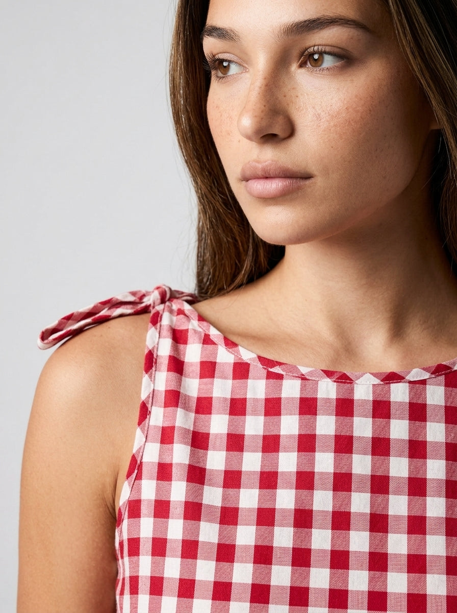 Fabienne Gingham Round Neck Sleeveless A Line Midi Dress in Red