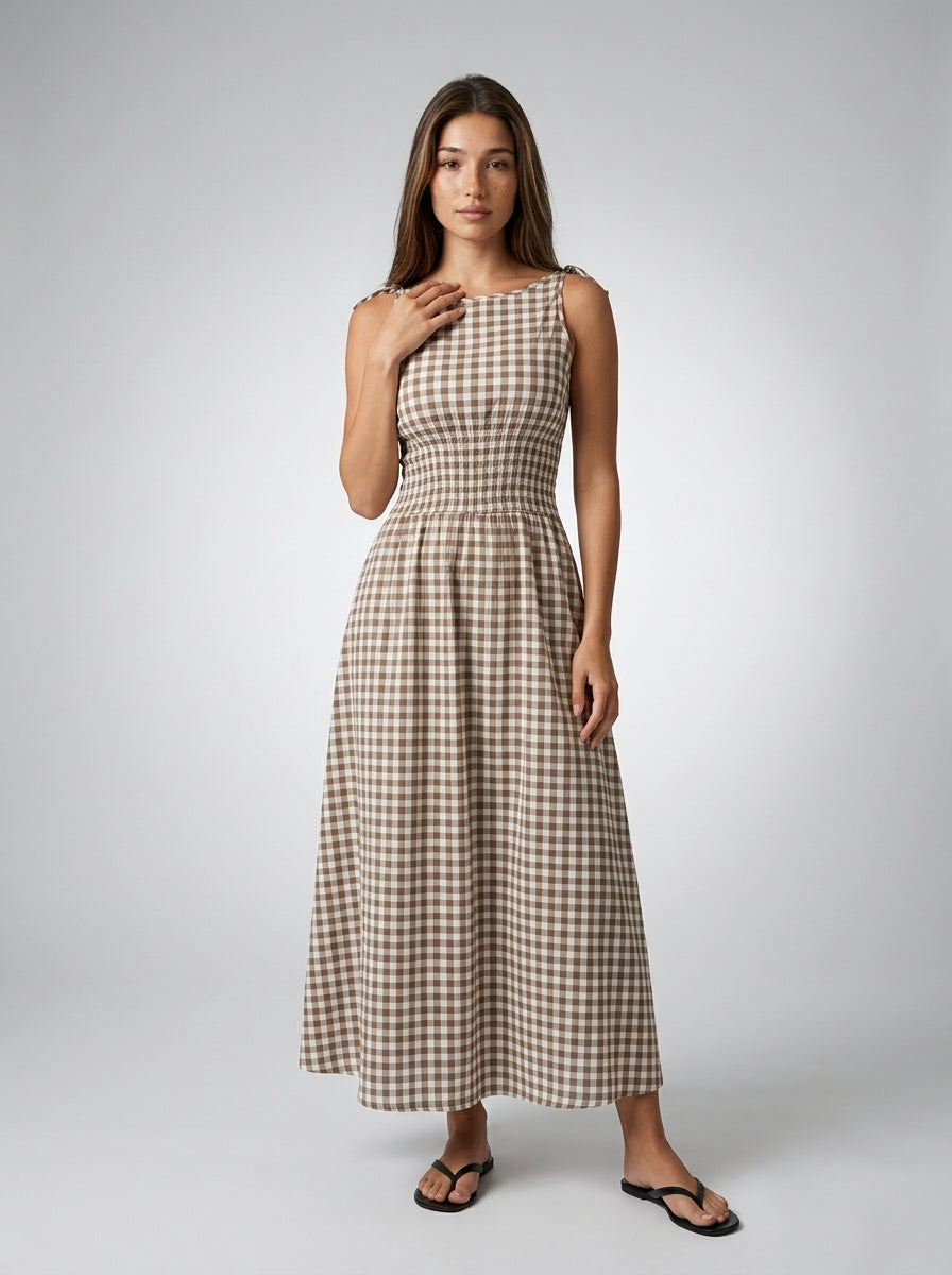 Fabienne Gingham Round Neck Sleeveless A Line Midi Dress in Brown