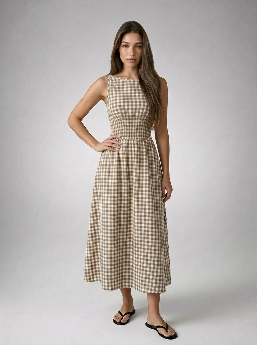 Fabienne Gingham Round Neck Sleeveless A Line Midi Dress in Brown