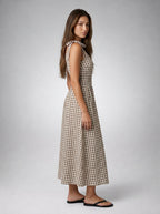 Fabienne Gingham Round Neck Sleeveless A Line Midi Dress in Brown