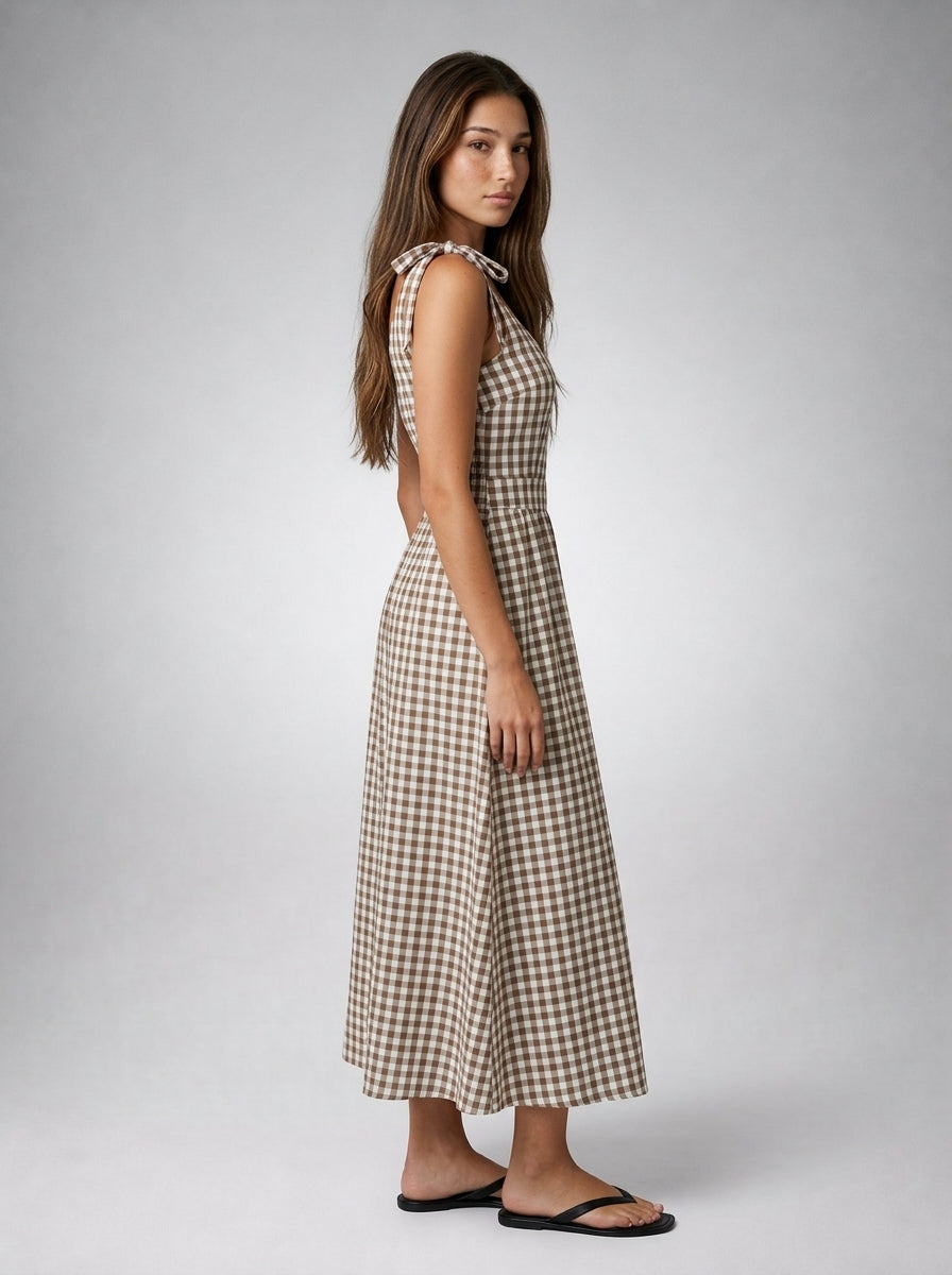 Fabienne Gingham Round Neck Sleeveless A Line Midi Dress in Brown