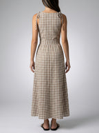 Fabienne Gingham Round Neck Sleeveless A Line Midi Dress in Brown