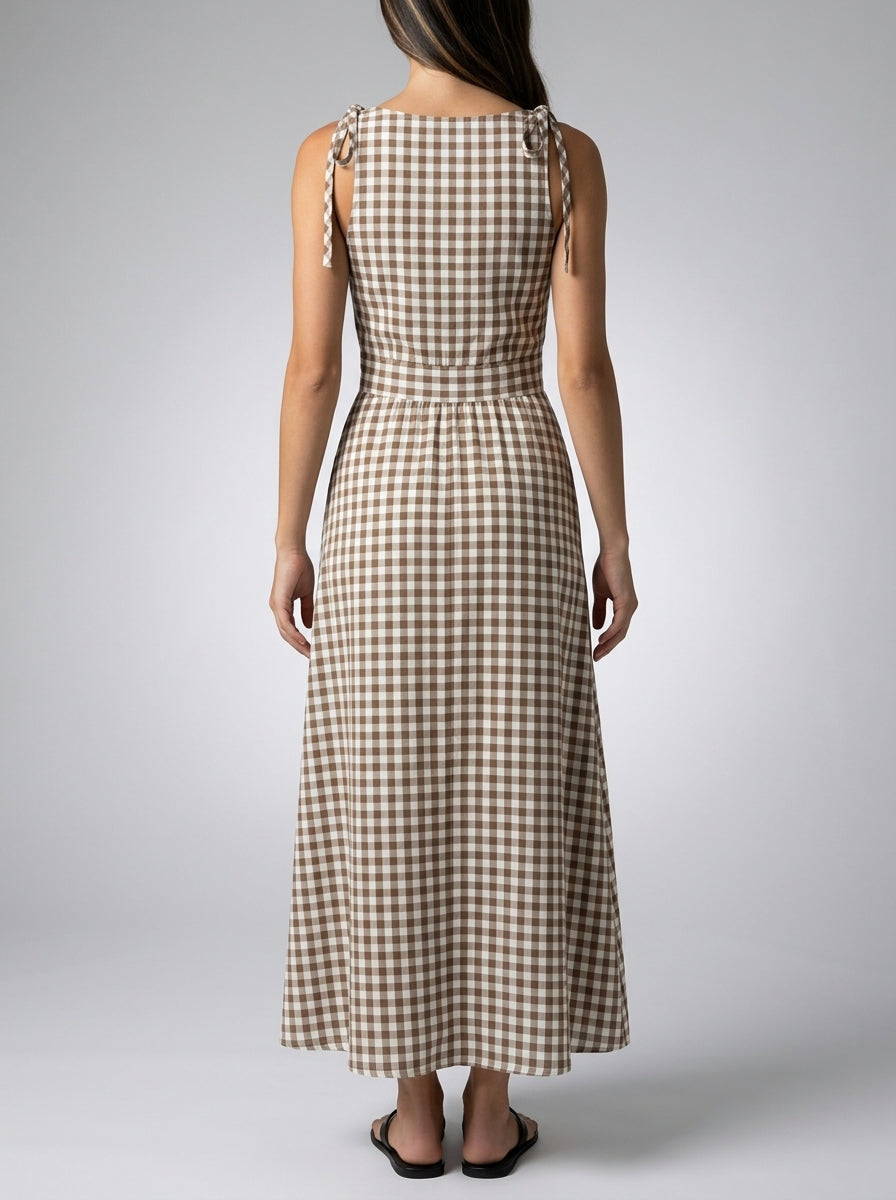 Fabienne Gingham Round Neck Sleeveless A Line Midi Dress in Brown