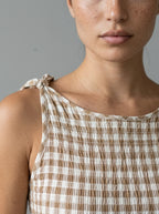 Fabienne Gingham Round Neck Sleeveless A Line Midi Dress in Brown