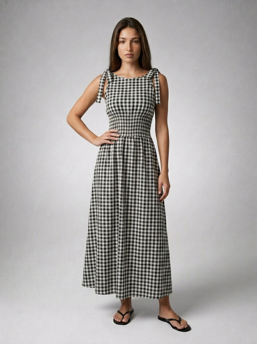 Fabienne Gingham Round Neck Sleeveless A Line Midi Dress in Black