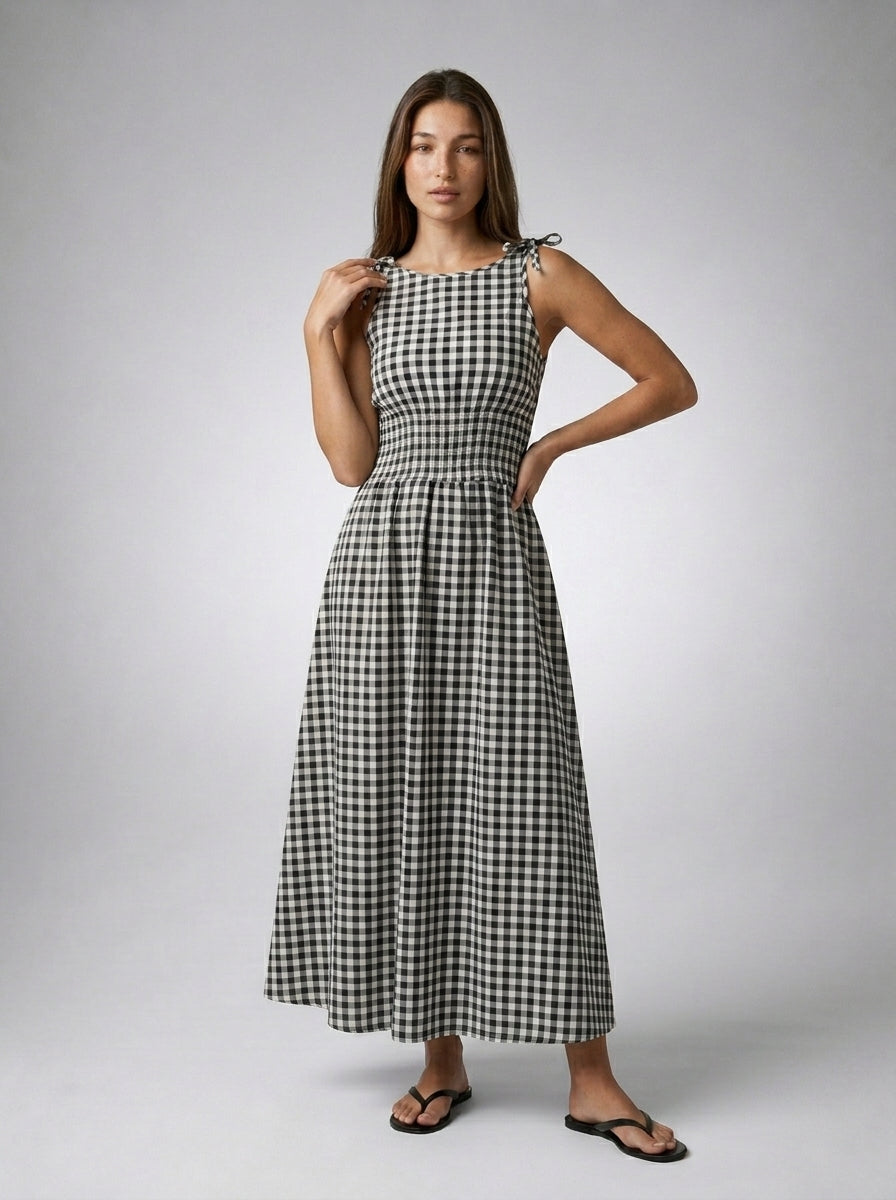Fabienne Gingham Round Neck Sleeveless A Line Midi Dress in Black