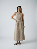 Manon Gingham Round Neck Sleeveless A Line Midi Dress in Brown