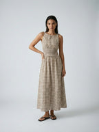 Manon Gingham Round Neck Sleeveless A Line Midi Dress in Brown