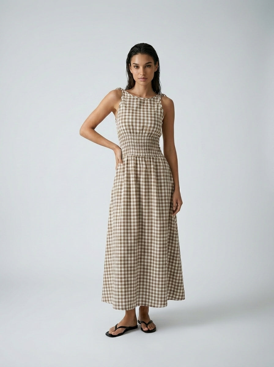 Manon Gingham Round Neck Sleeveless A Line Midi Dress in Brown