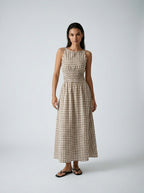 Manon Gingham Round Neck Sleeveless A Line Midi Dress in Brown