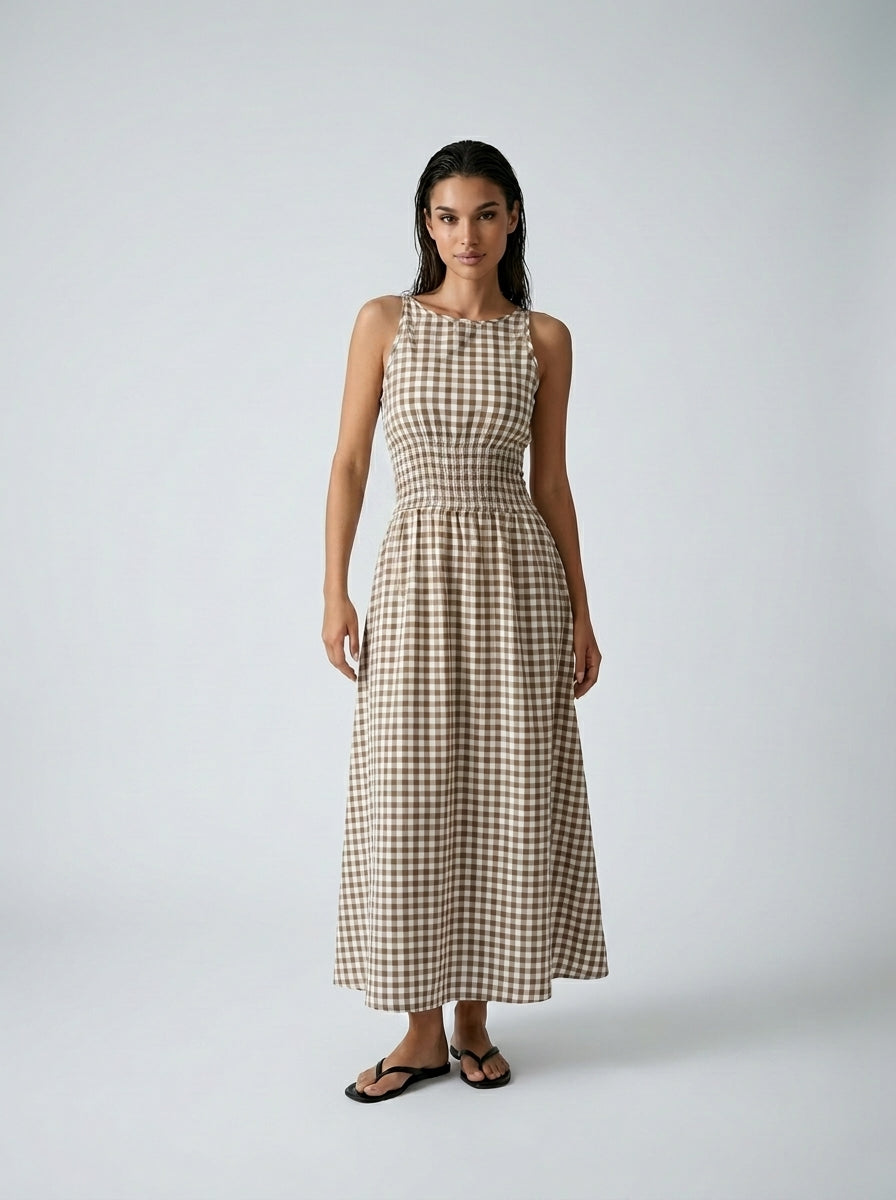 Manon Gingham Round Neck Sleeveless A Line Midi Dress in Brown