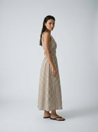Manon Gingham Round Neck Sleeveless A Line Midi Dress in Brown