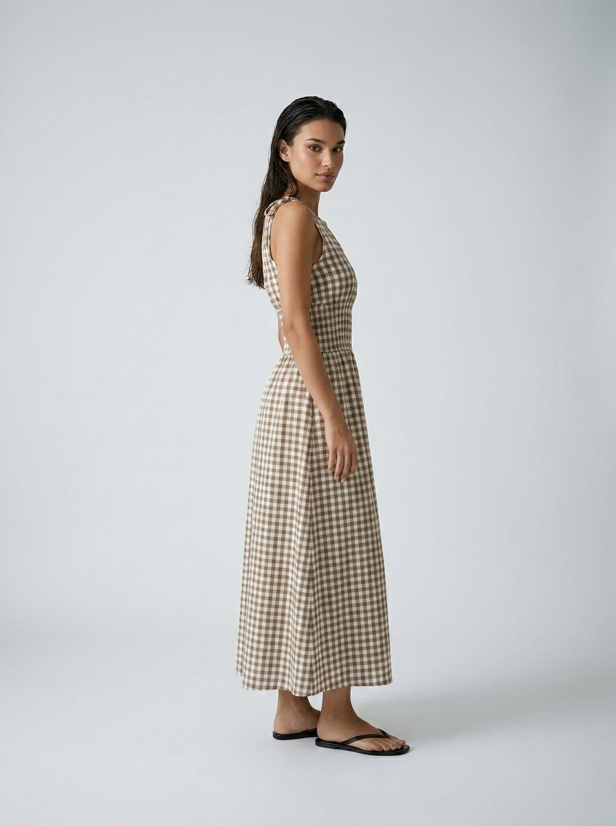 Manon Gingham Round Neck Sleeveless A Line Midi Dress in Brown