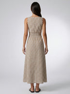 Manon Gingham Round Neck Sleeveless A Line Midi Dress in Brown