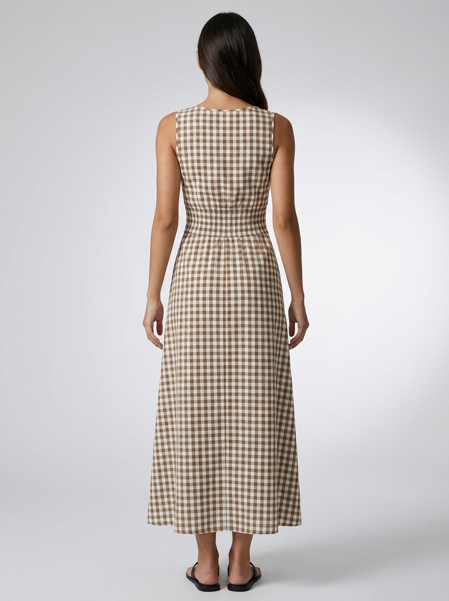 Manon Gingham Round Neck Sleeveless A Line Midi Dress in Brown