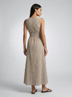 Manon Gingham Round Neck Sleeveless A Line Midi Dress in Brown
