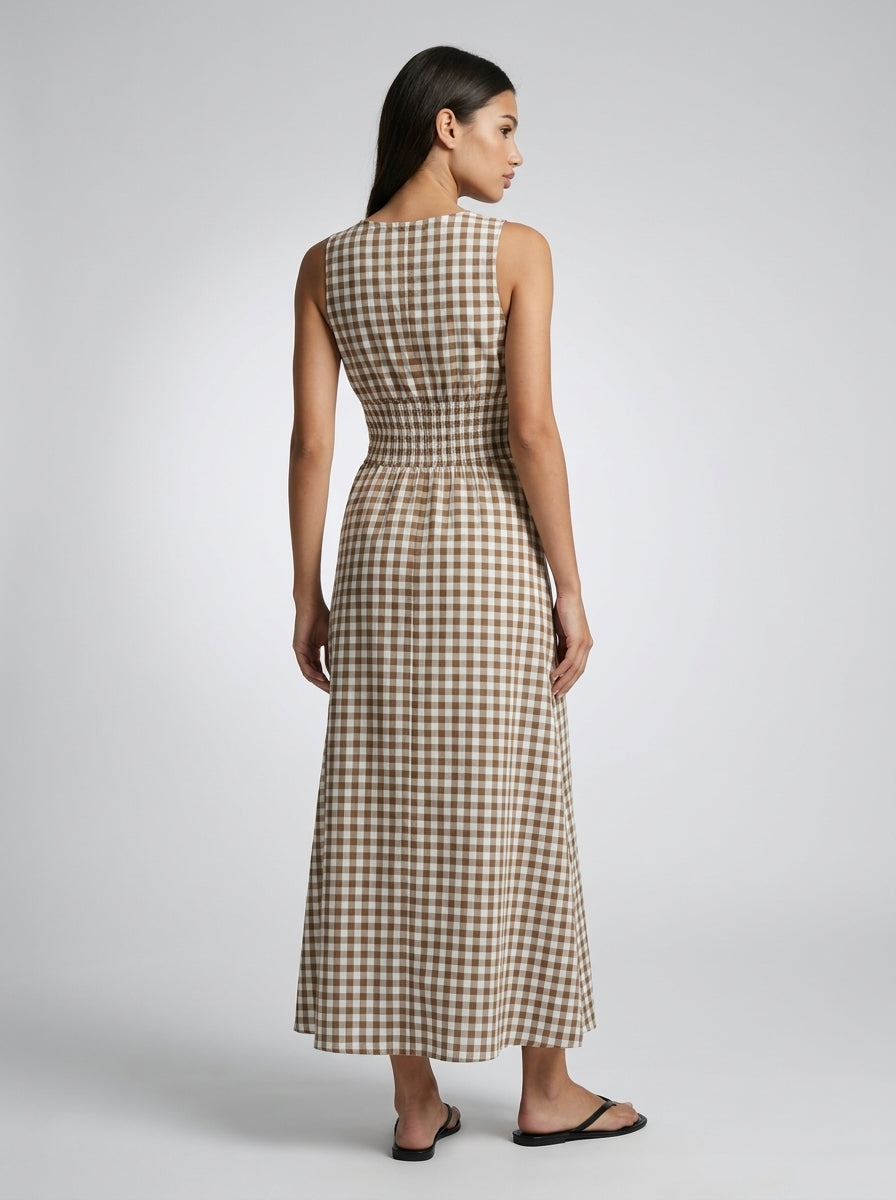 Manon Gingham Round Neck Sleeveless A Line Midi Dress in Brown