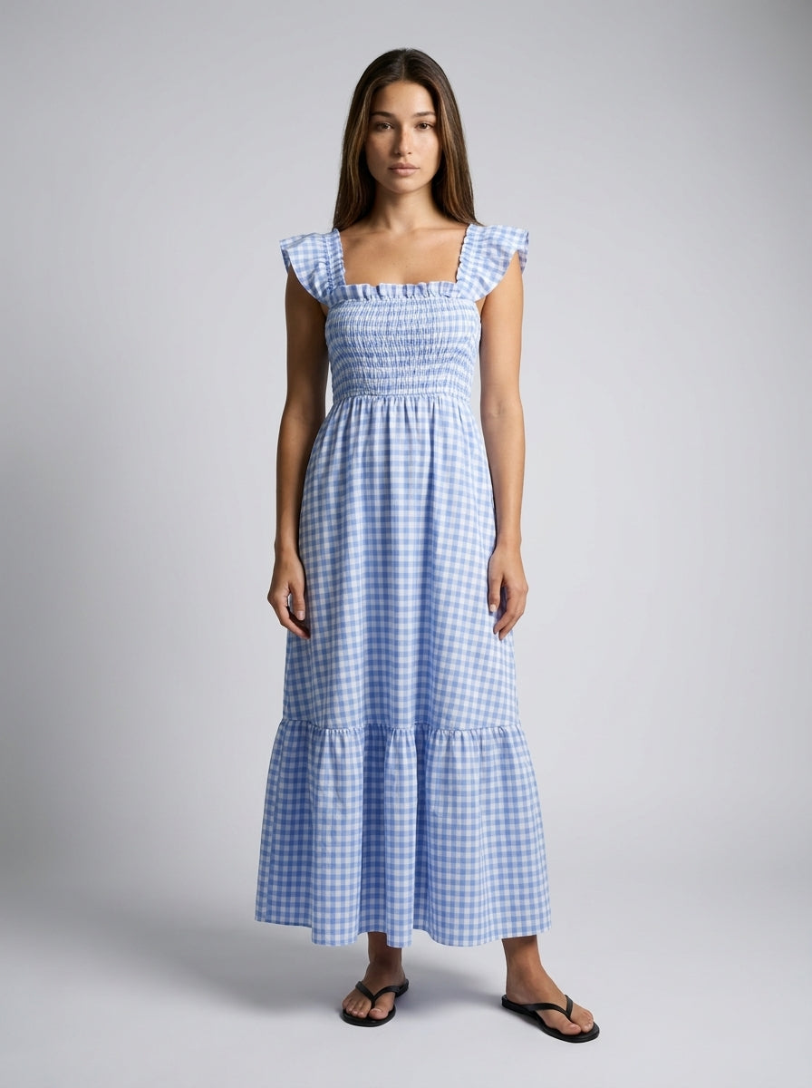 Ines Gingham Square Neck Tiered Maxi Dress in Light Blue