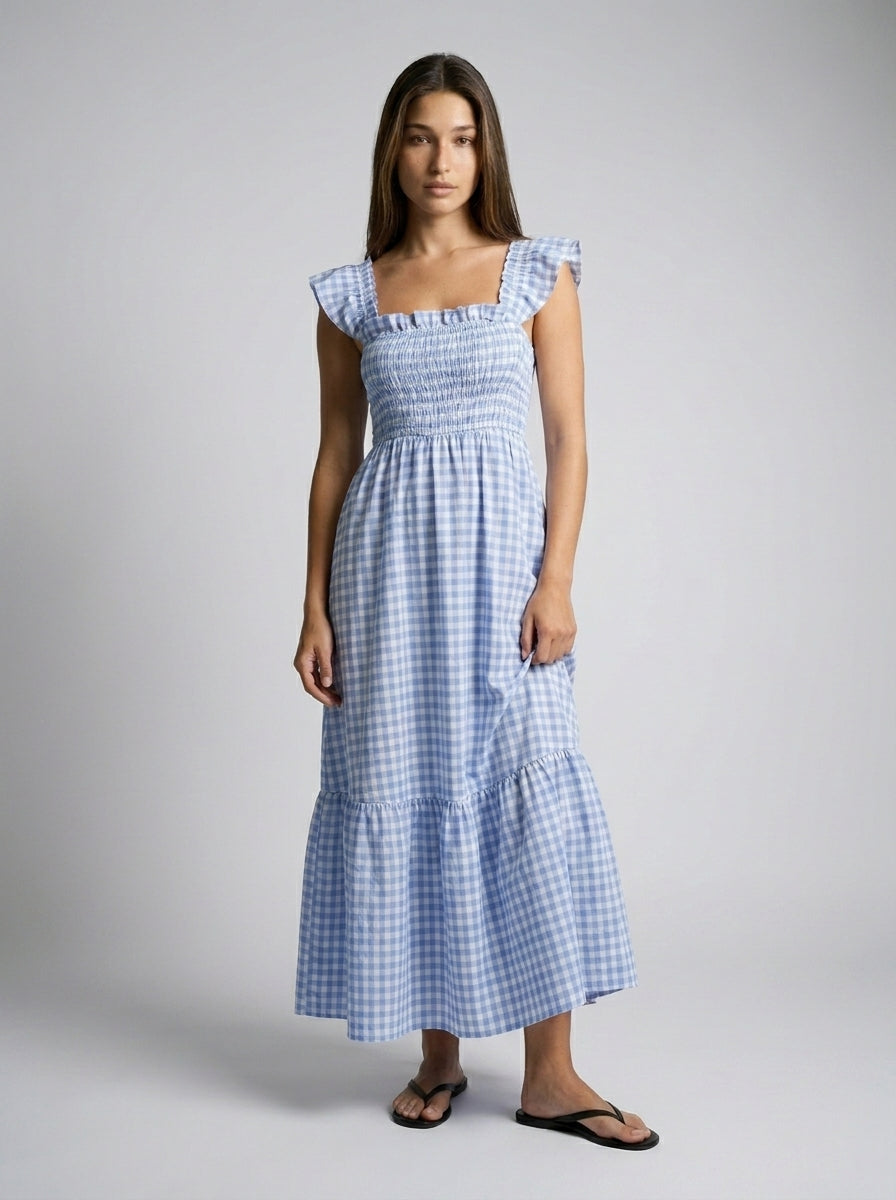 Ines Gingham Square Neck Tiered Maxi Dress in Light Blue