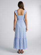 Ines Gingham Square Neck Tiered Maxi Dress in Light Blue