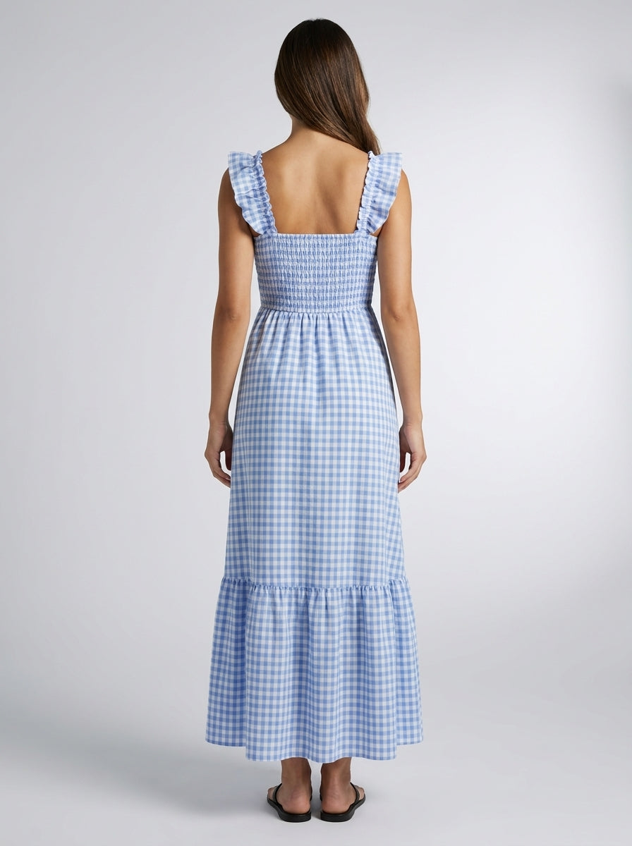 Ines Gingham Square Neck Tiered Maxi Dress in Light Blue
