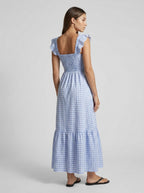 Ines Gingham Square Neck Tiered Maxi Dress in Light Blue