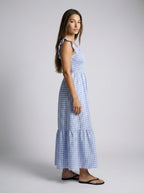 Ines Gingham Square Neck Tiered Maxi Dress in Light Blue