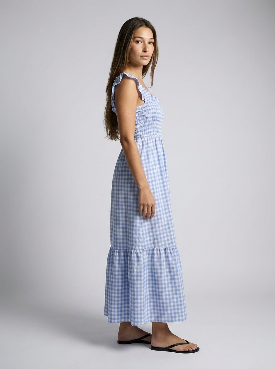Ines Gingham Square Neck Tiered Maxi Dress in Light Blue