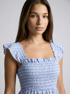 Ines Gingham Square Neck Tiered Maxi Dress in Light Blue