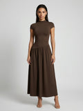 Marceline Mock Neck Short Sleeve Maxi Dress in Brown