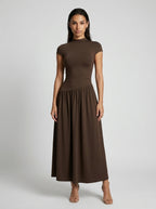 Marceline Mock Neck Short Sleeve Maxi Dress in Brown