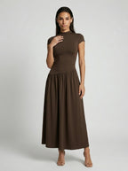 Marceline Mock Neck Short Sleeve Maxi Dress in Brown