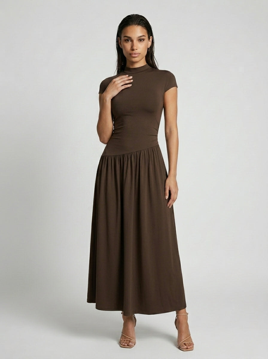Marceline Mock Neck Short Sleeve Maxi Dress in Brown