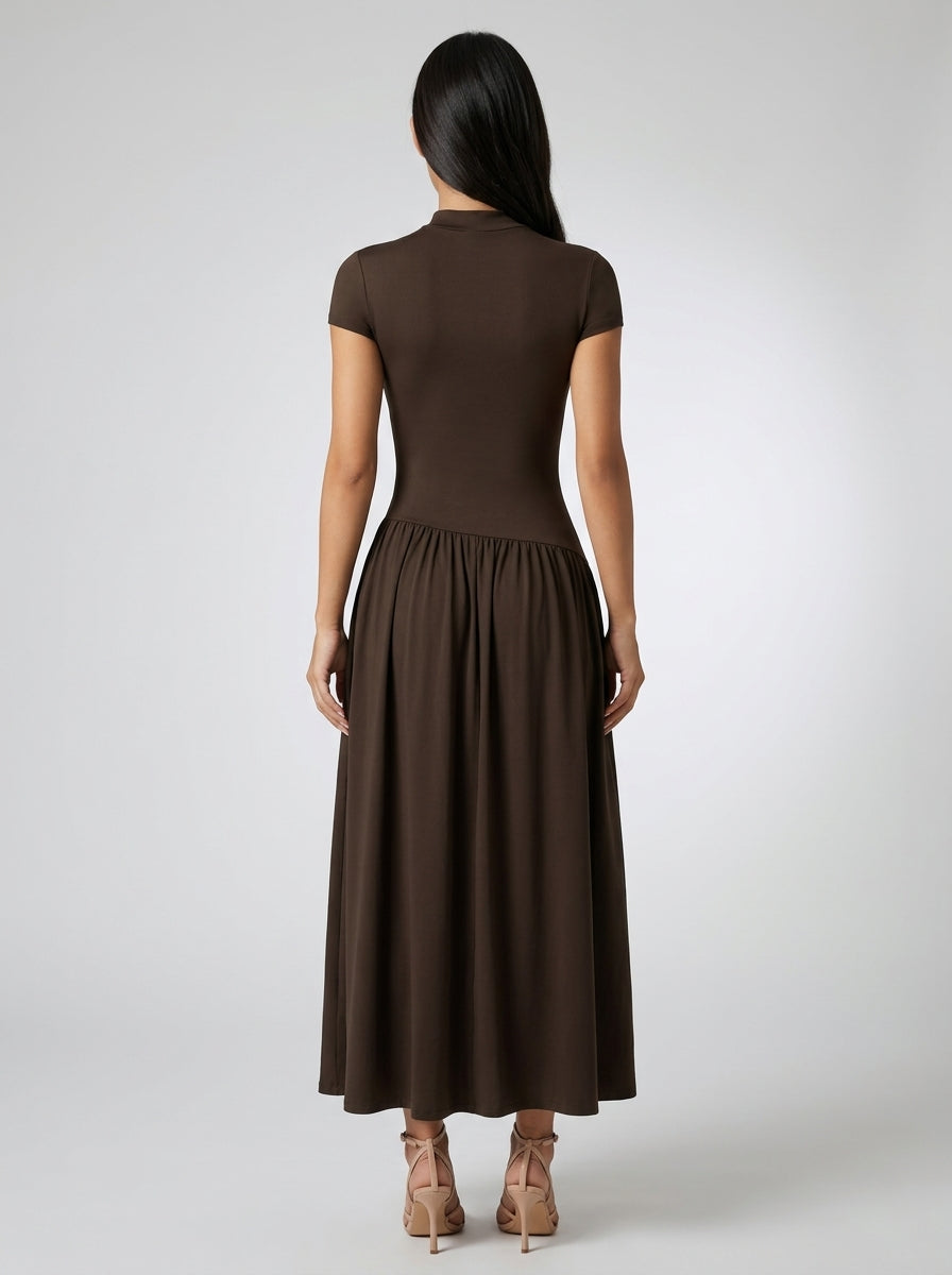Marceline Mock Neck Short Sleeve Maxi Dress in Brown