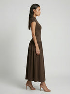 Marceline Mock Neck Short Sleeve Maxi Dress in Brown