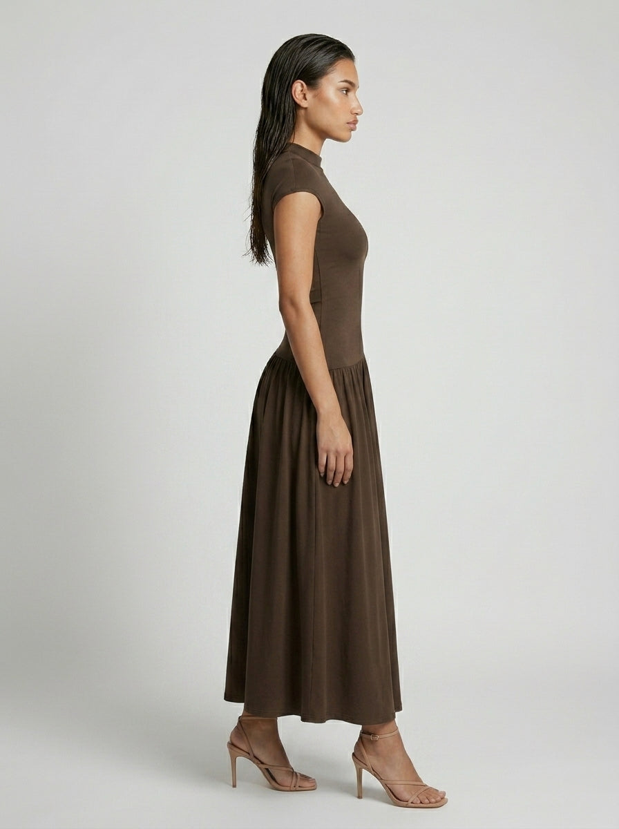 Marceline Mock Neck Short Sleeve Maxi Dress in Brown