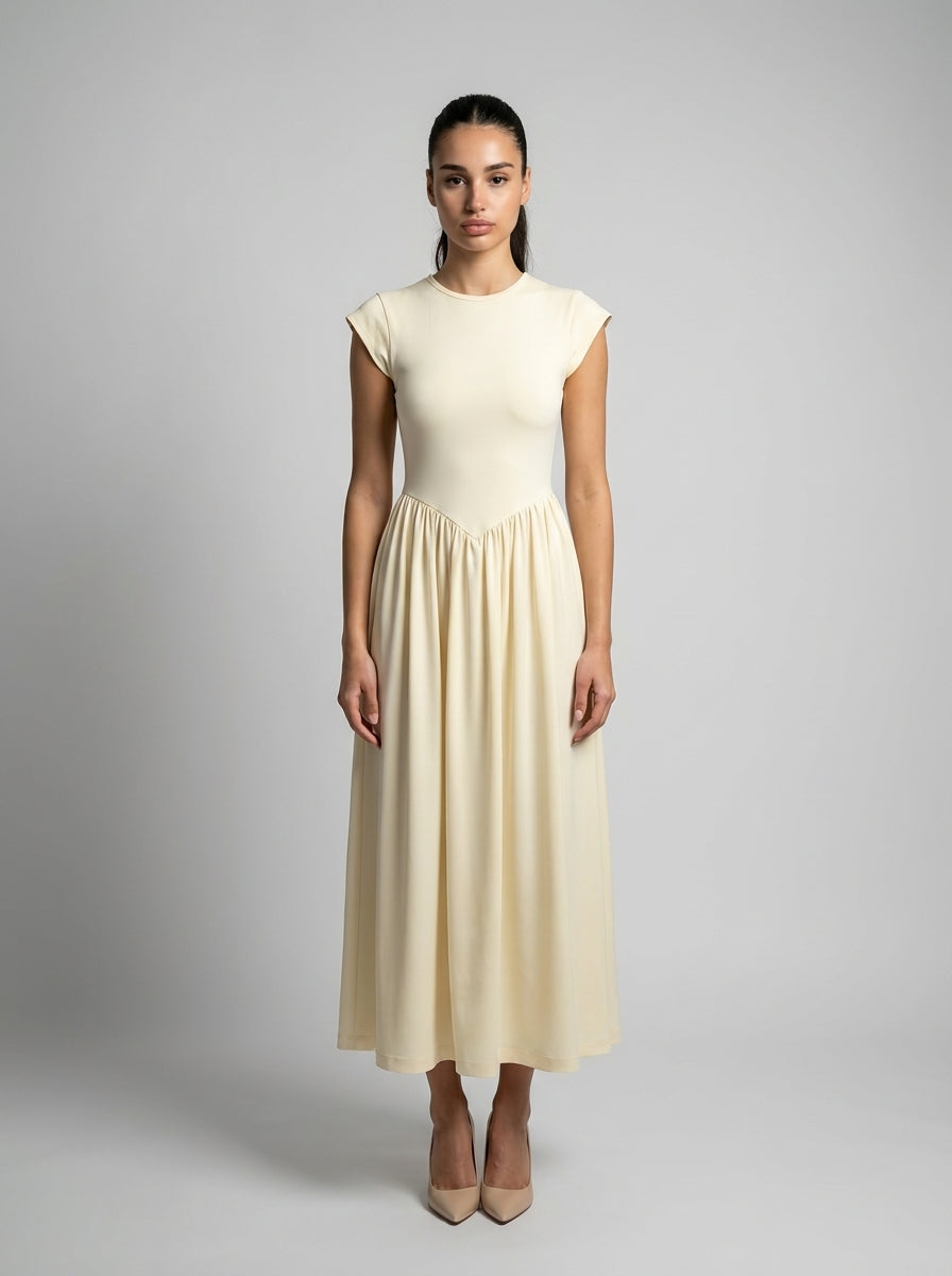 Sylvie Round Neck Cap Sleeve Maxi Dress in Cream