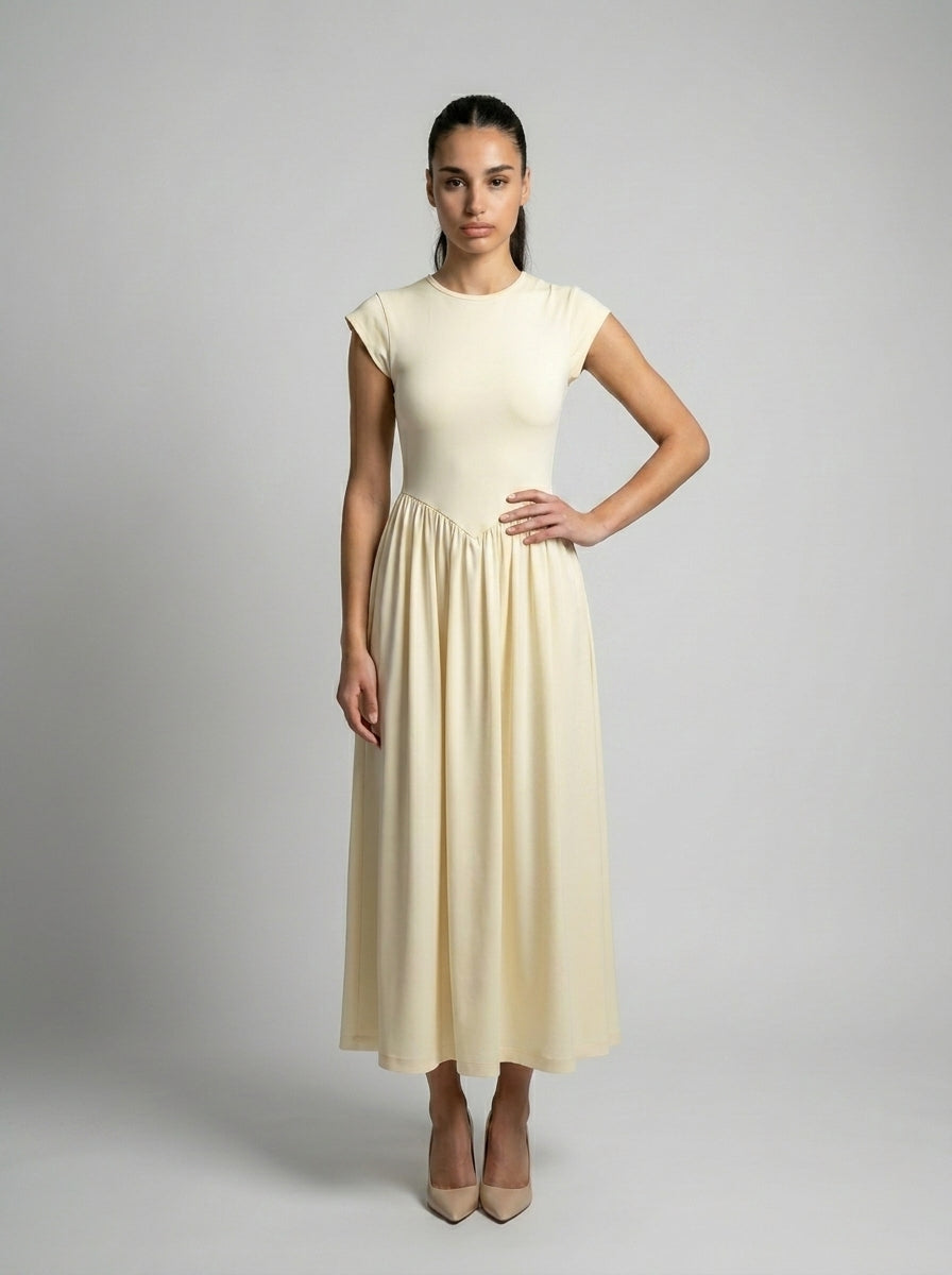 Sylvie Round Neck Cap Sleeve Maxi Dress in Cream
