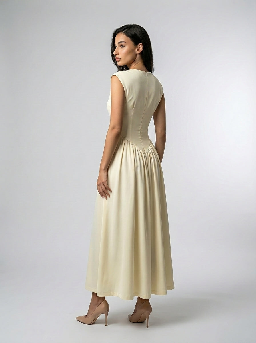 Sylvie Round Neck Cap Sleeve Maxi Dress in Cream