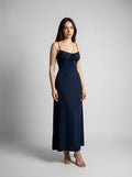 Leonie Sweetheart Tie Front Spaghetti Strap Maxi Dress in Navy