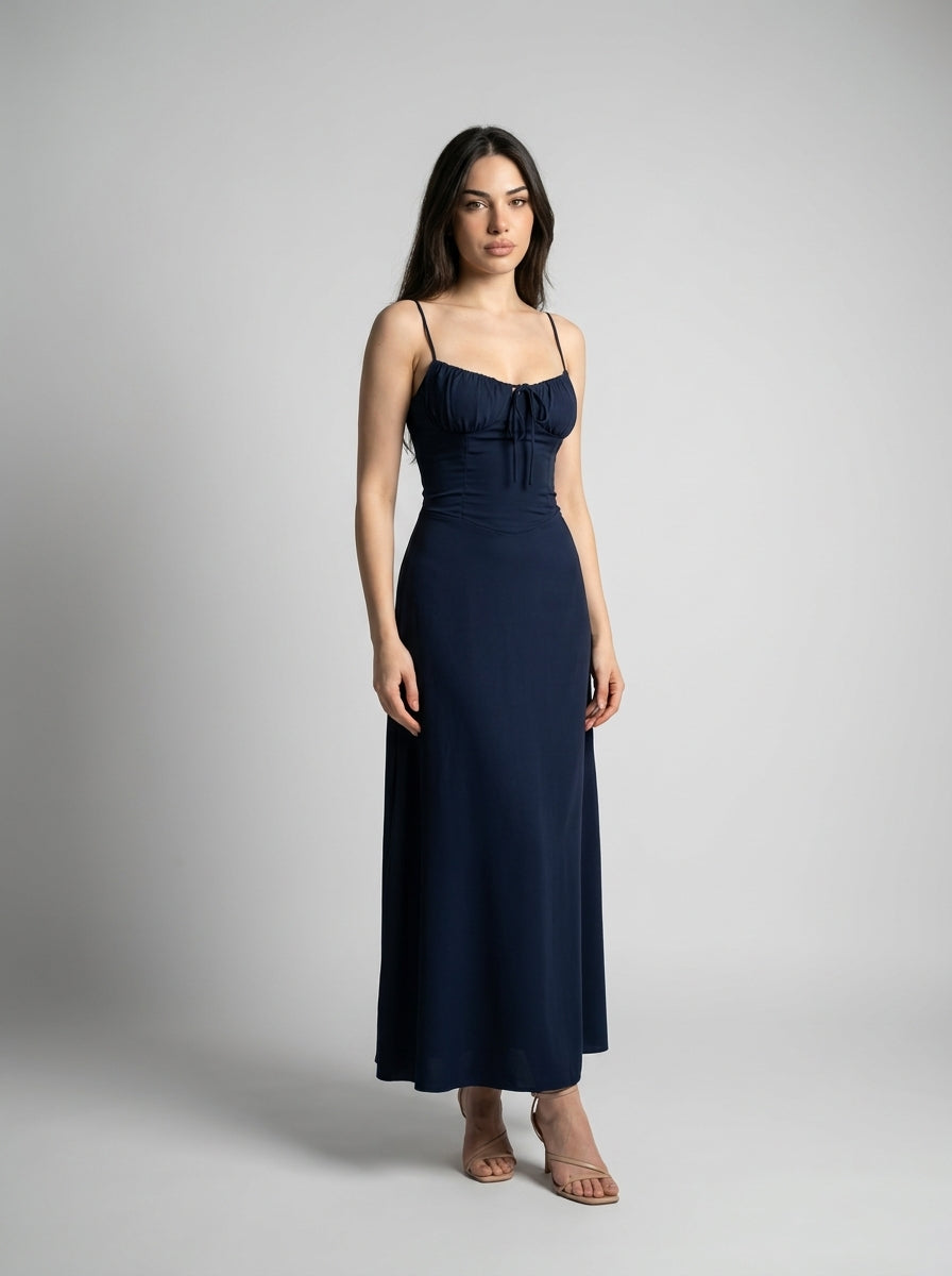 Leonie Sweetheart Tie Front Spaghetti Strap Maxi Dress in Navy