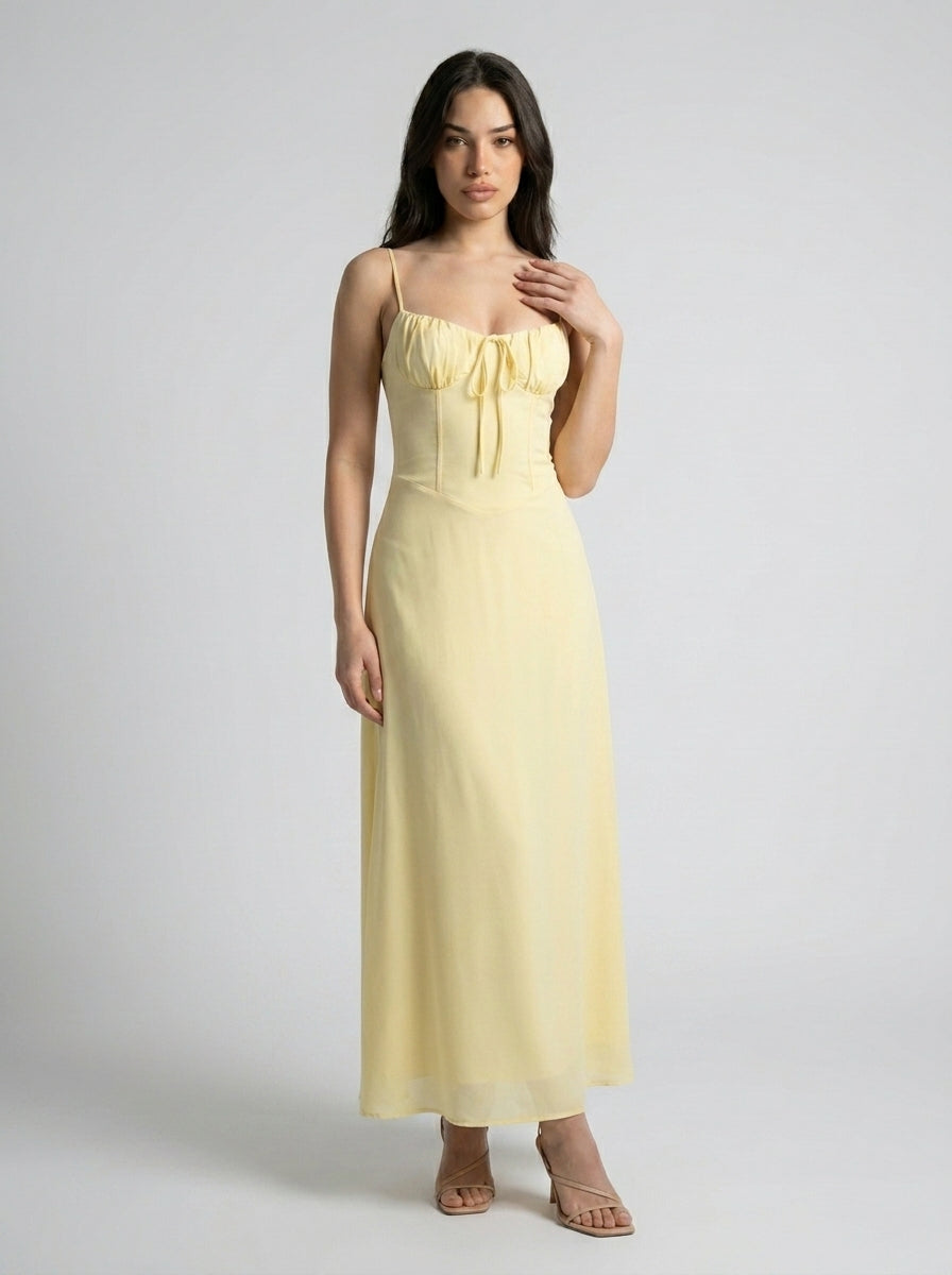Leonie Sweetheart Tie Front Spaghetti Strap Maxi Dress in Yellow
