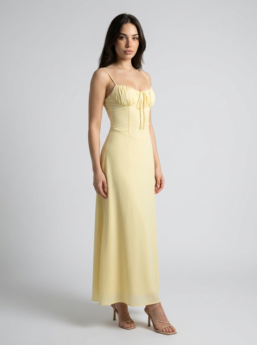 Leonie Sweetheart Tie Front Spaghetti Strap Maxi Dress in Yellow