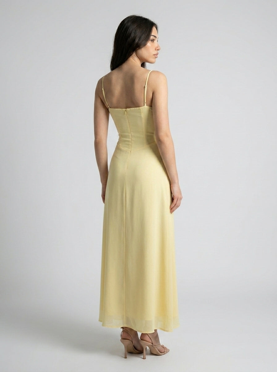 Leonie Sweetheart Tie Front Spaghetti Strap Maxi Dress in Yellow